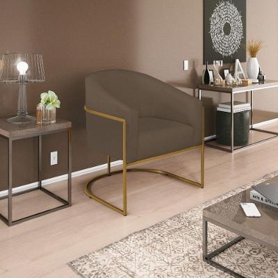 Poltrona Decorativa Luiza Base De Ferro Dourado Suede Marrom