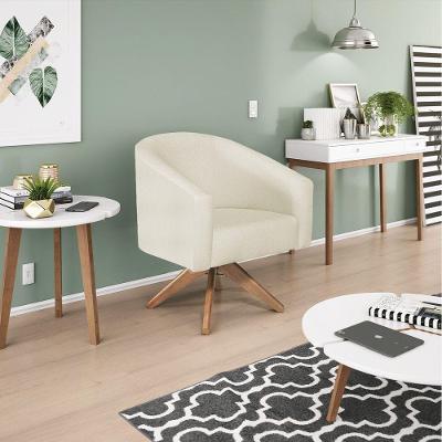 Poltrona Decorativa Luiza Base Giratória De Madeira Suede Bege