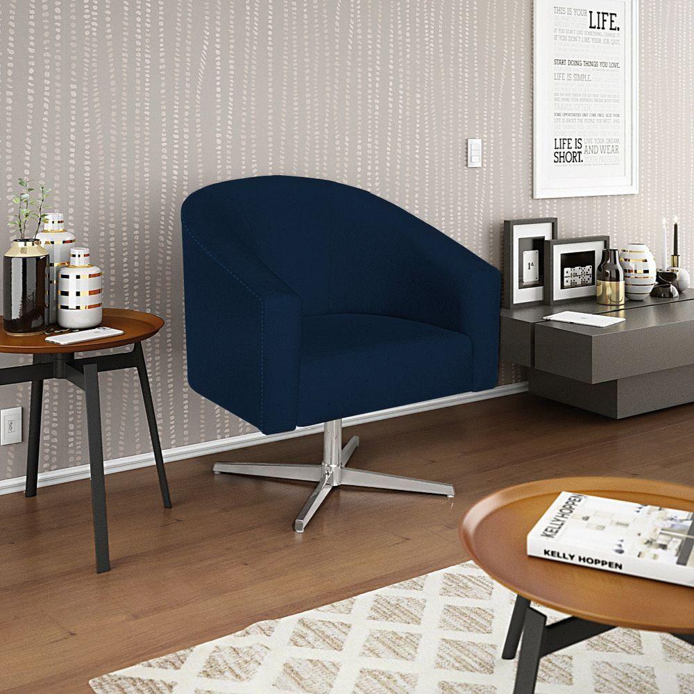 Poltrona Decorativa Luiza Base Giratória De Metal Suede Azul Marinho - 1