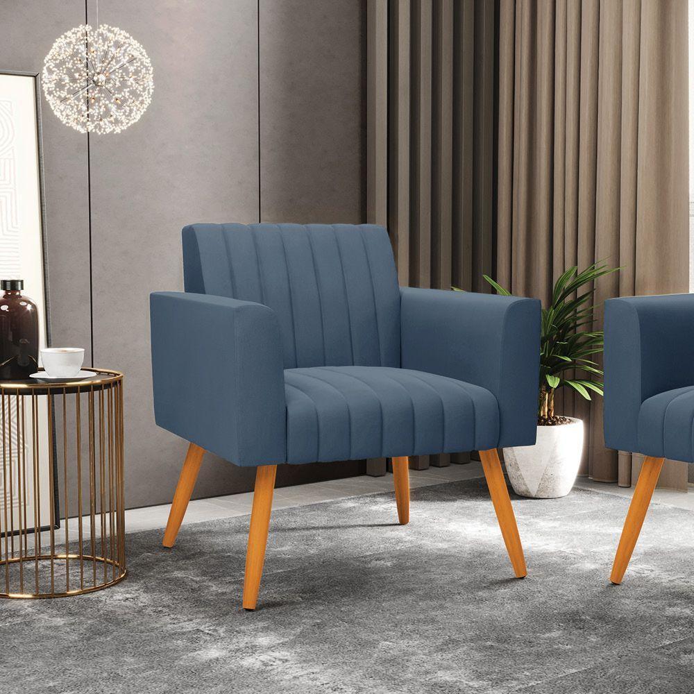 Poltrona Viena Gomada Suede Azul Marinho Pés Palito Castanho - D'rossi - 8