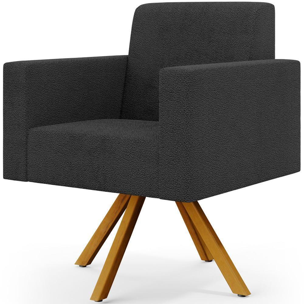 Poltrona Giratória Sala De Estar Base De Madeira Helô L02 Bouclê Preto - 1