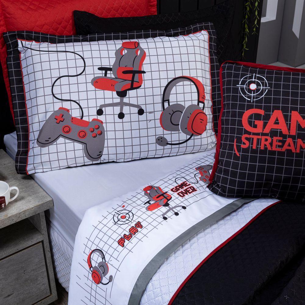 Jogo De cama Game Streamer Branco/Vermelho Solteiro 03 Peças - 3