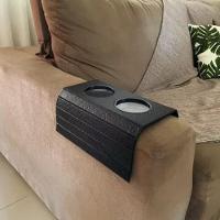 Bandeja Esteira Para Braço De Sofá De Couro Preto Com Porta Copos - 2