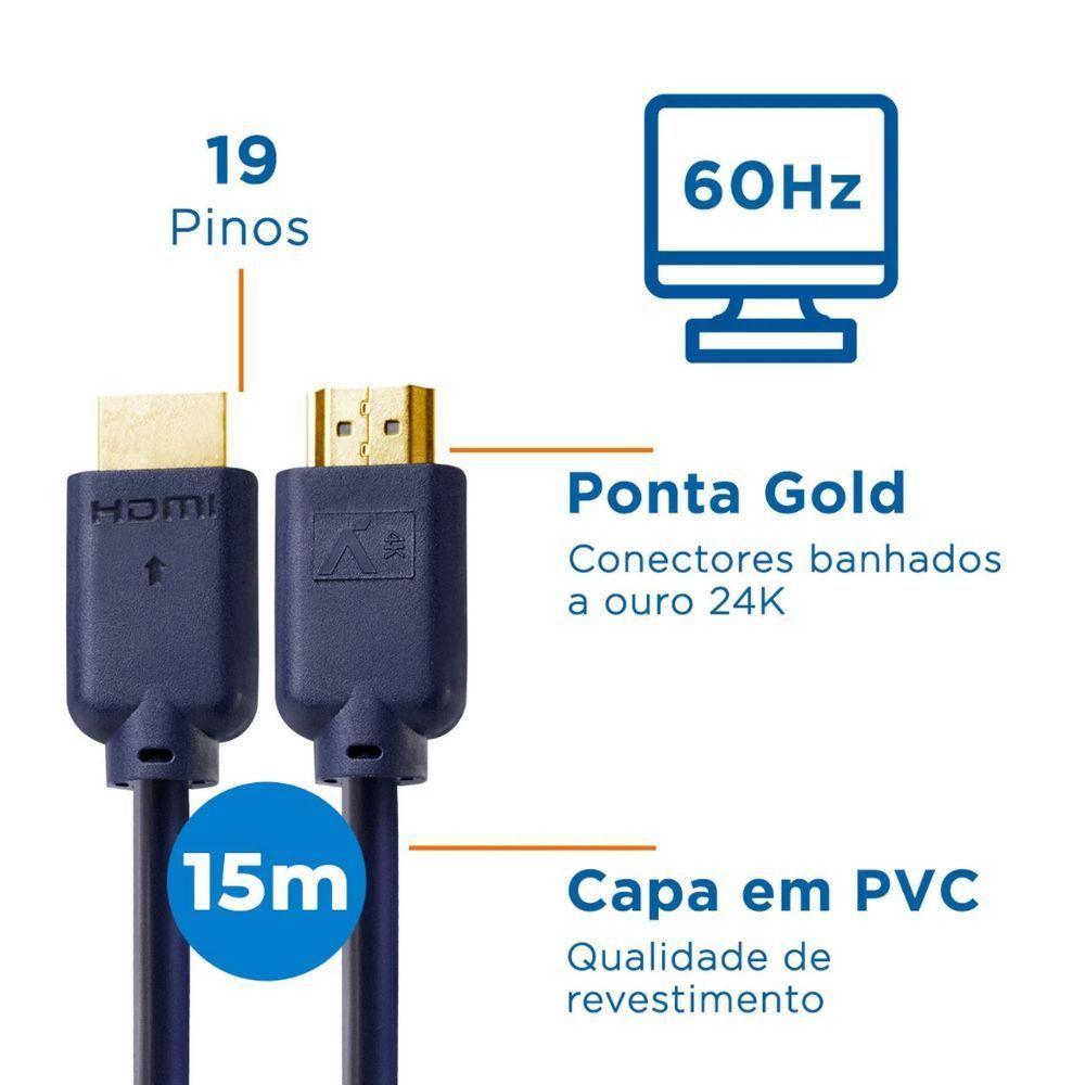 Cabo Hdmi Aquario 2.0 4K 3D 19 Pinos 15 Metros - 4K15 - 2
