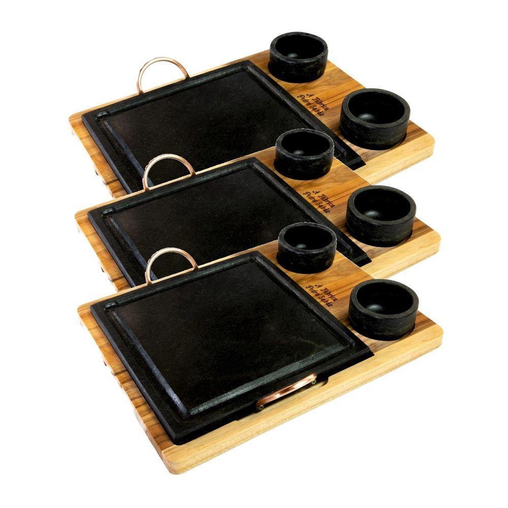 Kit 3 Grelha 06 Molheiras Em Pedra Sabão E Suporte G 25x25cm - 1