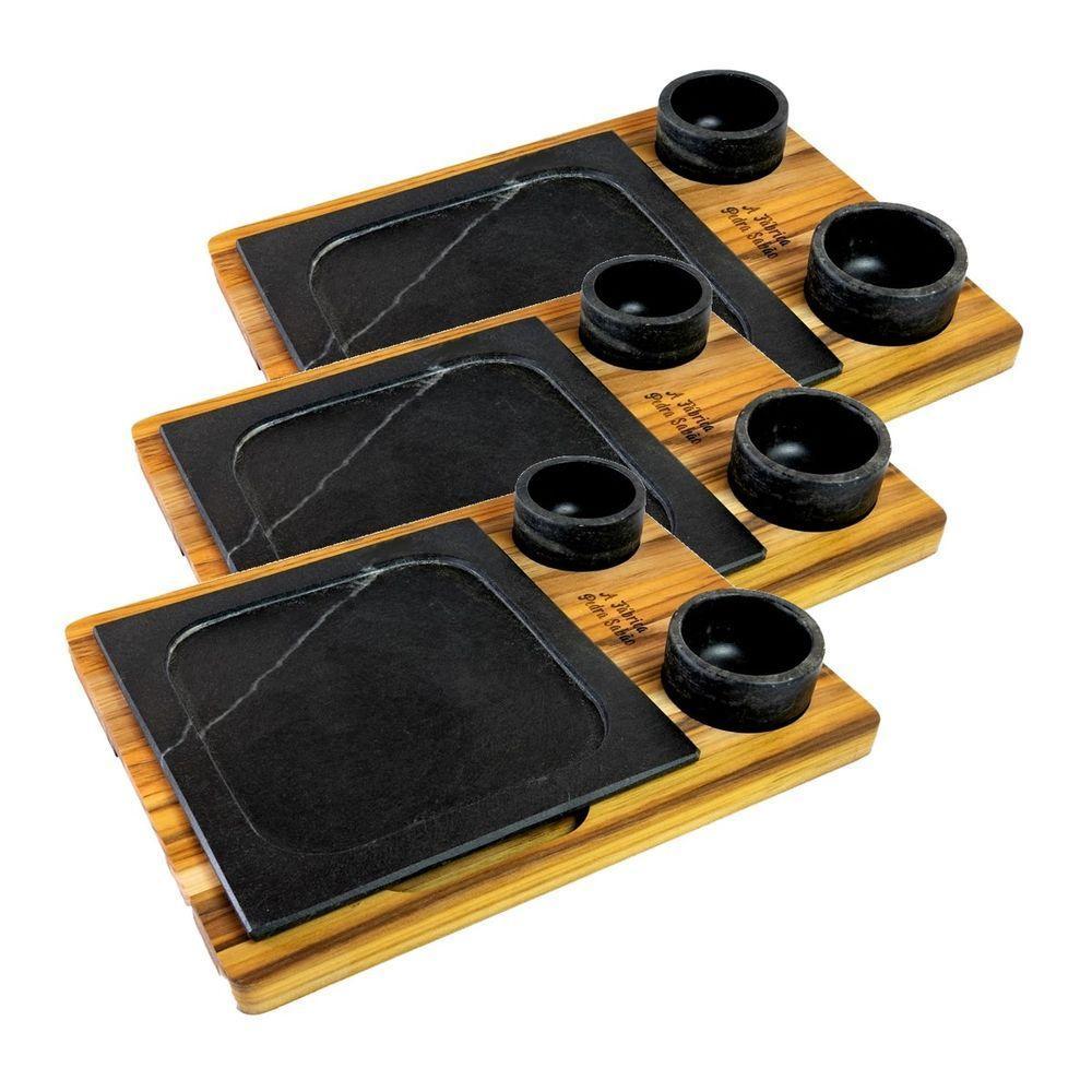 Kit 3 Prato Com 04 Molheiras Pedra Sabão E Suporte G 25x25cm - 1