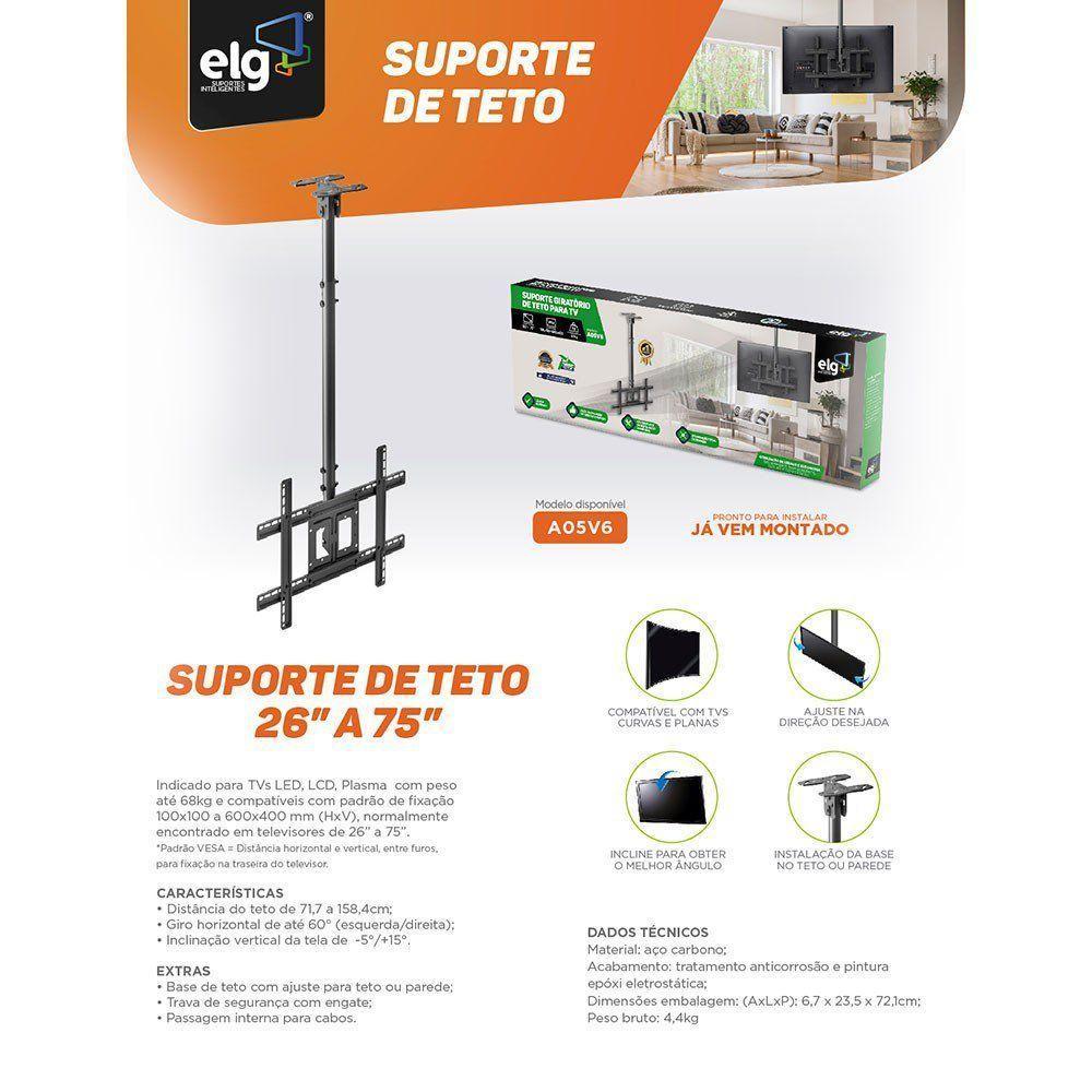 Suporte De Teto Para Tv 32 A 75 Altura Ajustável A05v6 Preto Elg - 4