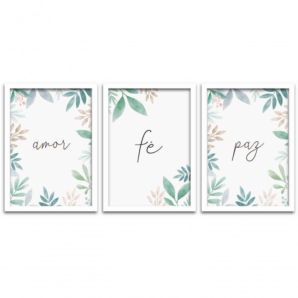 Quadros Decorativos 3 Peças 40x60 Amor Fé Paz Moldura Branca - 1