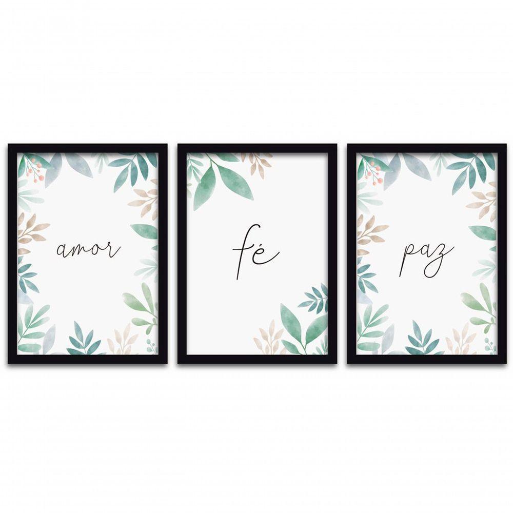 Quadros Decorativos 3 Peças 40x60 Amor Fé Paz Moldura Preta - 1