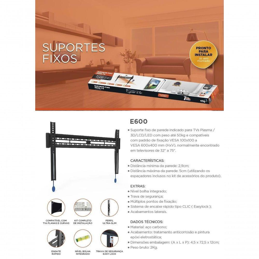 Suporte Para Tv De Parede Fixo Lcd Led Plasma De 32 A 75 E600 Elg - 2
