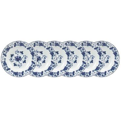Conjunto de Pratos Fundos Folhagem 6 Peças Porcelana Floral Branco e Azul Schmidt
