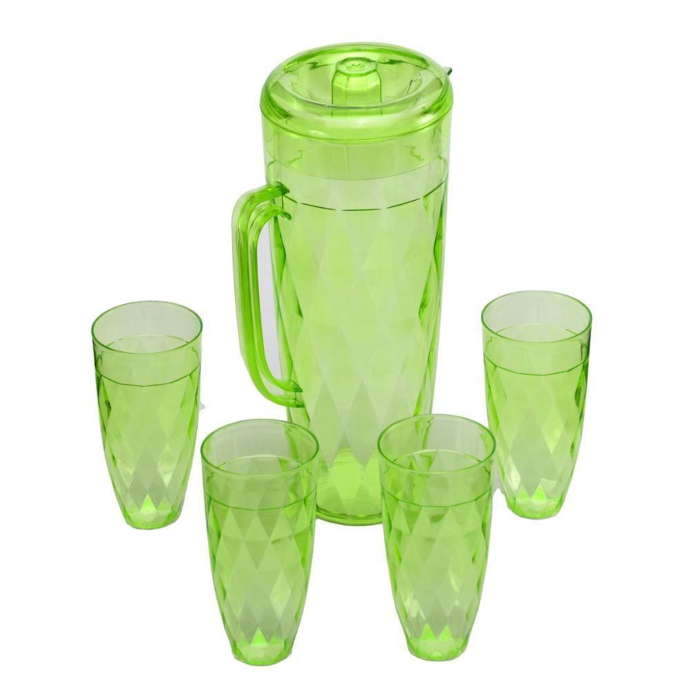 Jarra Acrílico Com Tampa 4 Copos Verde Agua Suco 1250ml - 1