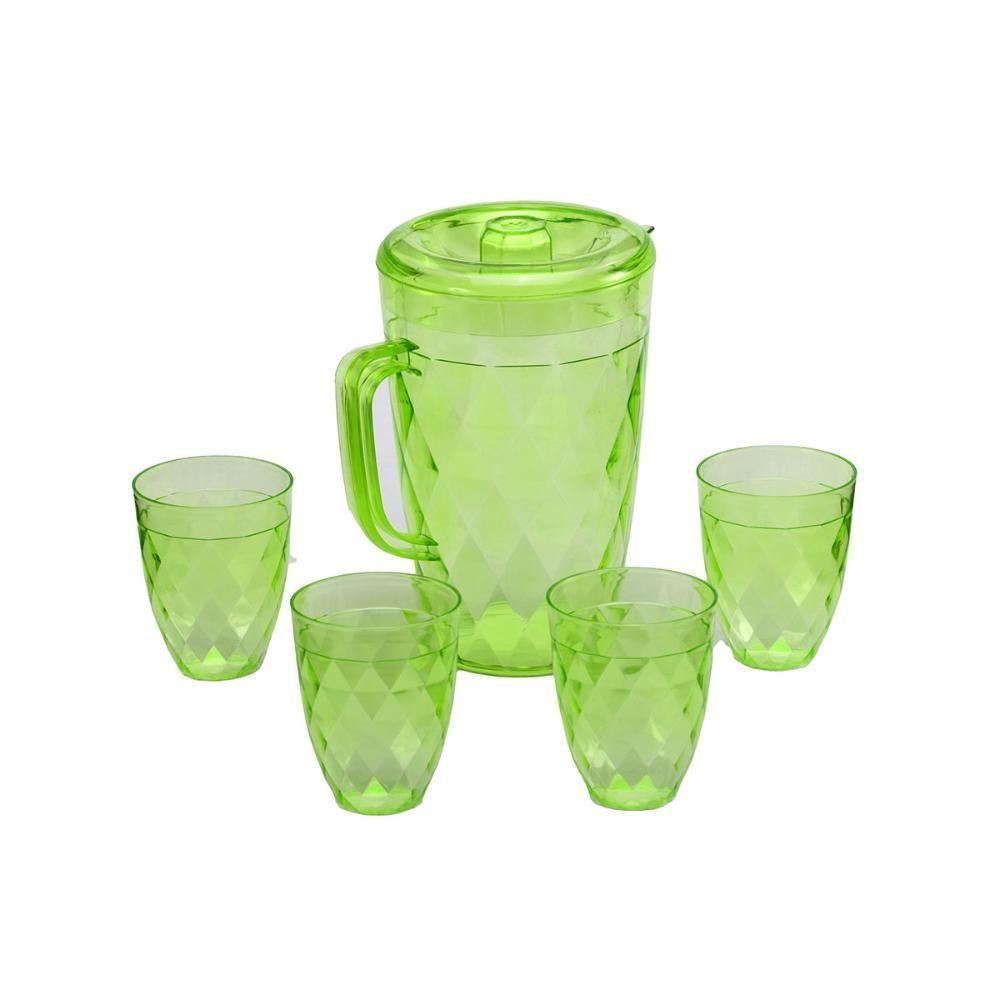 Jarra Acrílico Com Tampa 4 Copos Verde Agua Suco 1250ml - 4