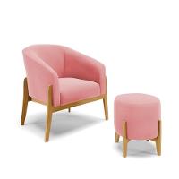 Kit 01 Poltrona E 01 Puff Rosê Base Madeira Castanho - 1