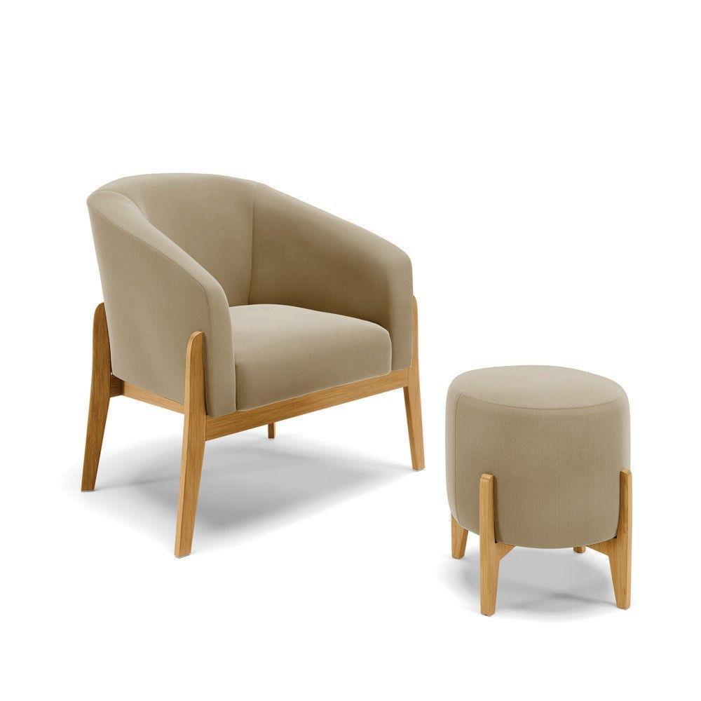 Kit 01 Poltrona E 01 Puff Marrom Rato Base Madeira Castanho - 1