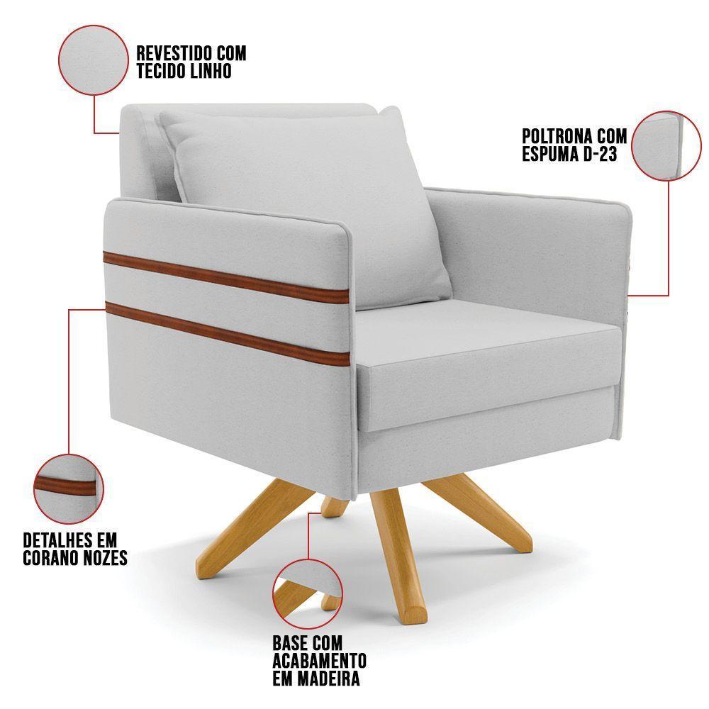 Kit 02 Poltronas Linho Base De Madeira Ma30 A05 Cinza - 3