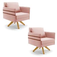 Kit 02 Poltronas Giratória Veludo Base De Madeira Ma30 Rose - 1