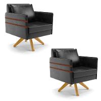 Kit 02 Poltronas Giratória Preto Base De Madeira Ma30 - 1