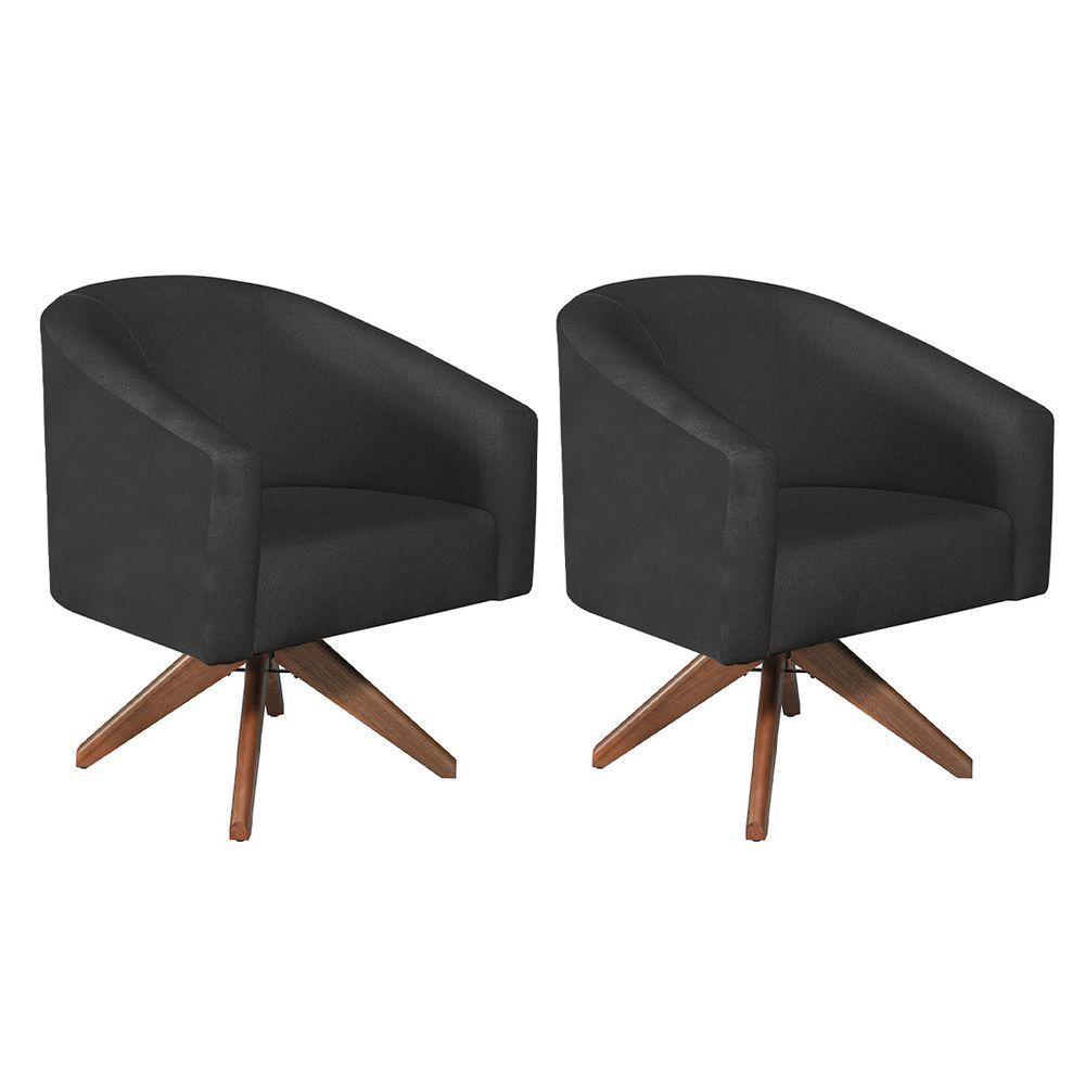 Kit 02 Poltronas Luiza Base Giratória De Madeira Suede Preto - 3