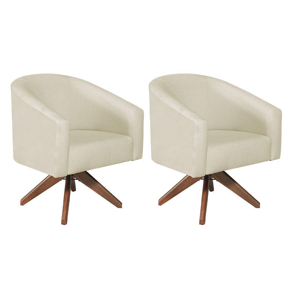 Kit 02 Poltronas Luiza Base Giratória De Madeira Suede Branco - 1