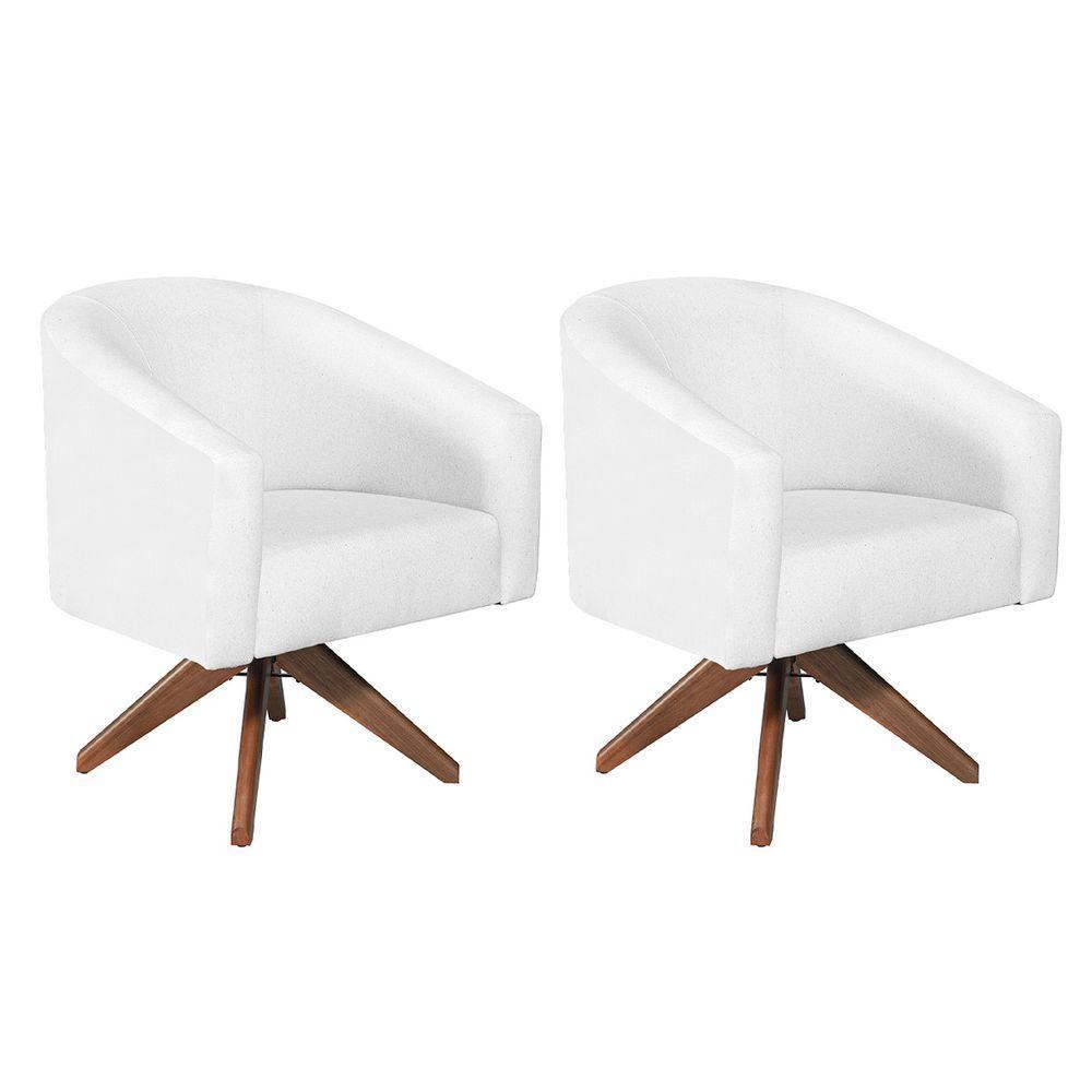 Kit 02 Poltronas Luiza Base Giratória De Madeira Suede Branco - 2