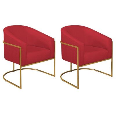 Kit 02 Poltronas Luiza Base De Ferro Dourado Suede Vermelho