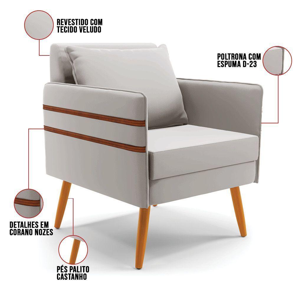 Kit 02 Poltronas Mari Veludo Pés Palito Castanho Cinza - 4