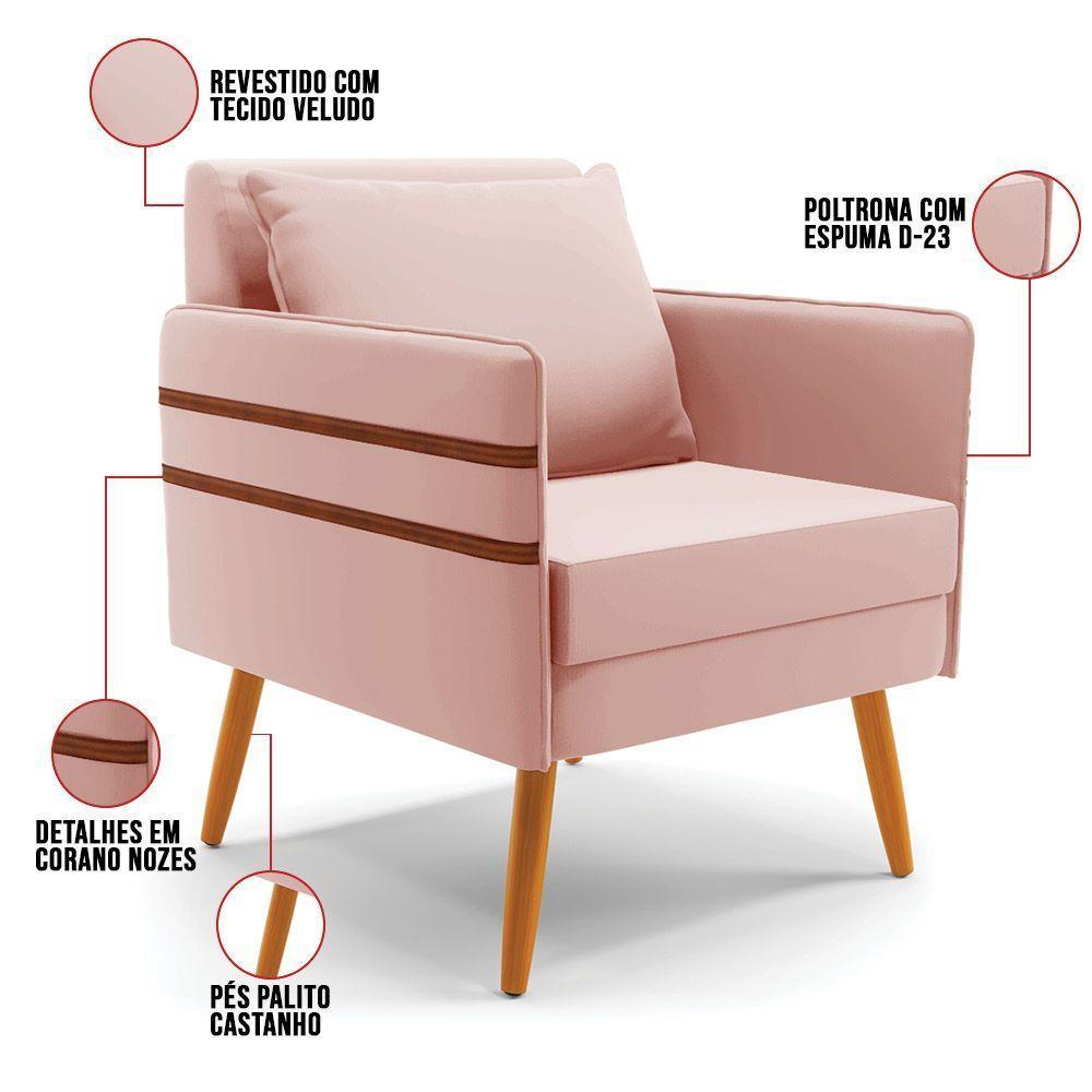 Kit 02 Poltronas Mari Veludo Rosê Pés Palito Castanho - 4