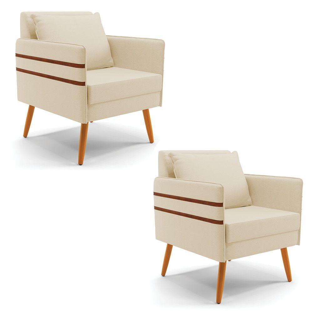 Kit 02 Poltronas Mari Linho Bege A19 Pés Palito Castanho - 1