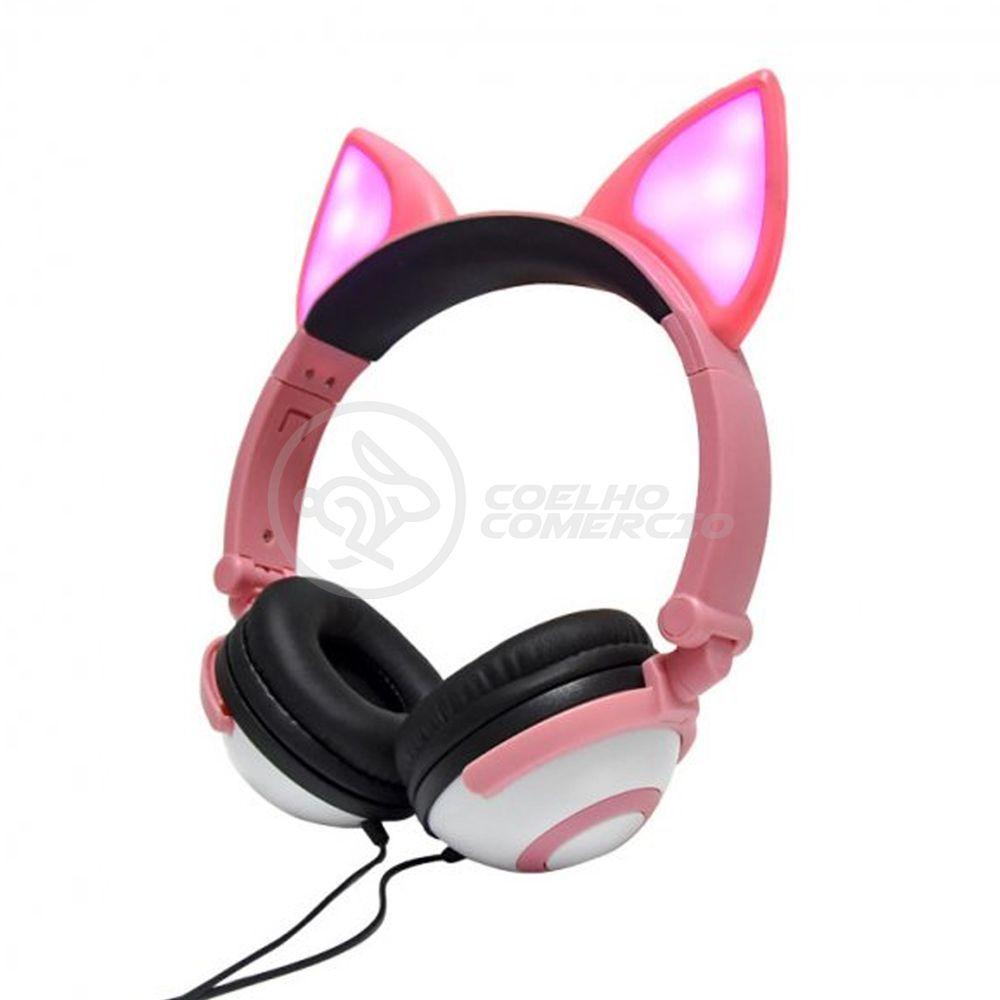 Fone De Ouvido Gatinho Fio Com Led Dobrável Microfone Rosa - 3