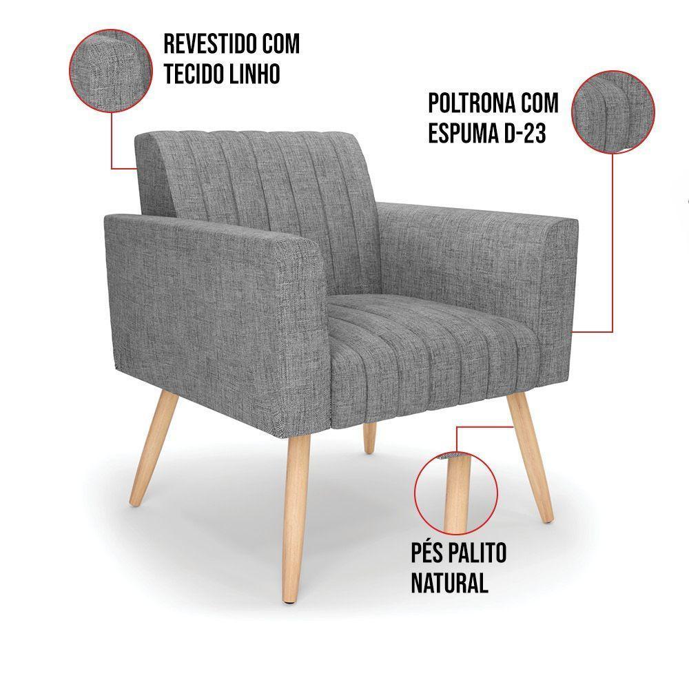 Kit 2 Poltronas Viena Gomada Linho Pés Palito Natural - D'rossi Cor A26 Grafite - 4