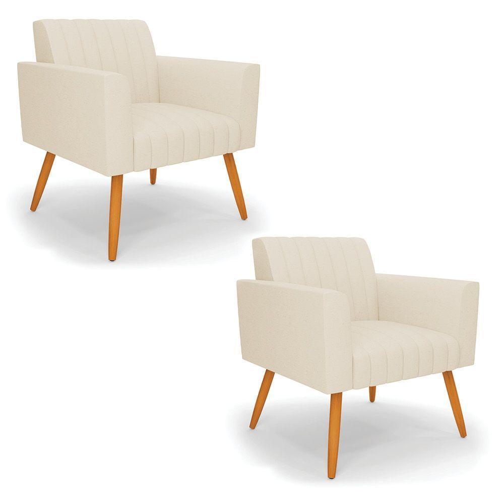 Kit 2 Poltronas Viena Gomada Linho Bege A19 Pés Palito Castanho - D'rossi - 1