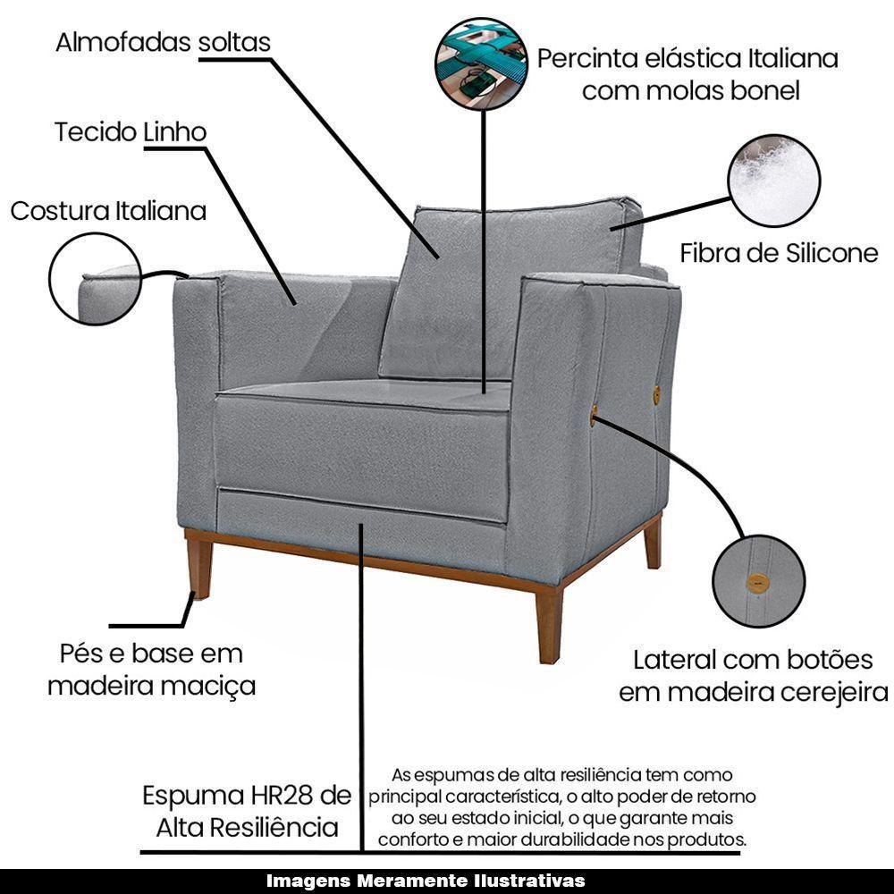 Poltrona Decorativa Pés Em Madeira Tarantino Linho Cinza - 3