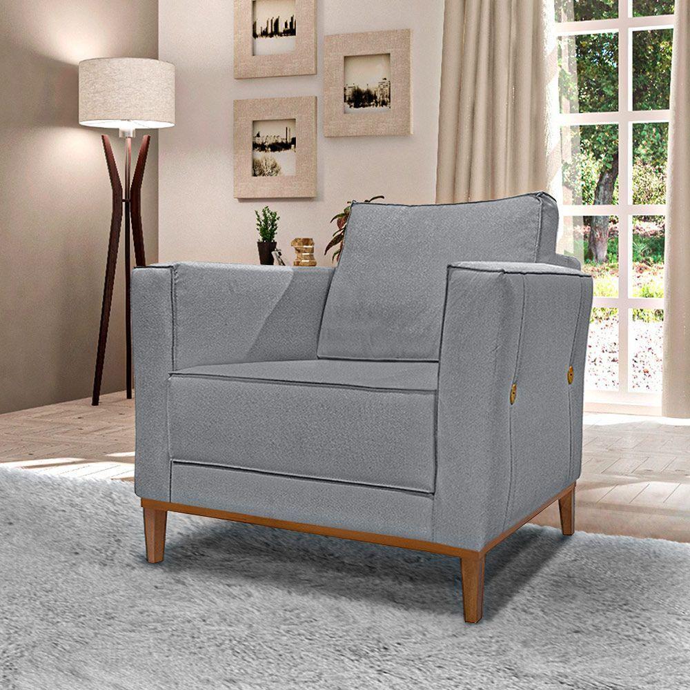 Poltrona Decorativa Pés Em Madeira Tarantino Linho Cinza - 8