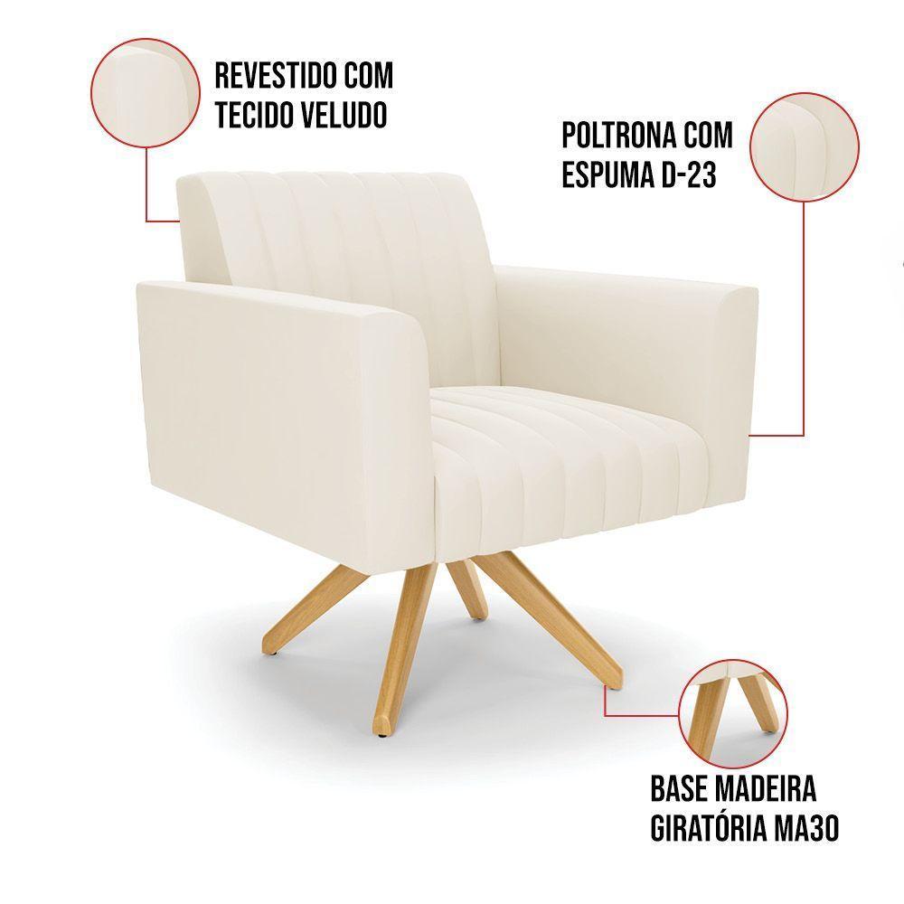 Poltrona Giratória Viena Gomada Veludo Base De Madeira Ma30 - D'rossi Cor Bege - 3
