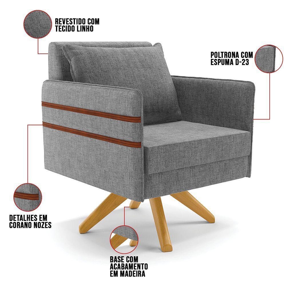 Poltrona Giratória Linho Base De Madeira Ma30 A26 Grafite - 5