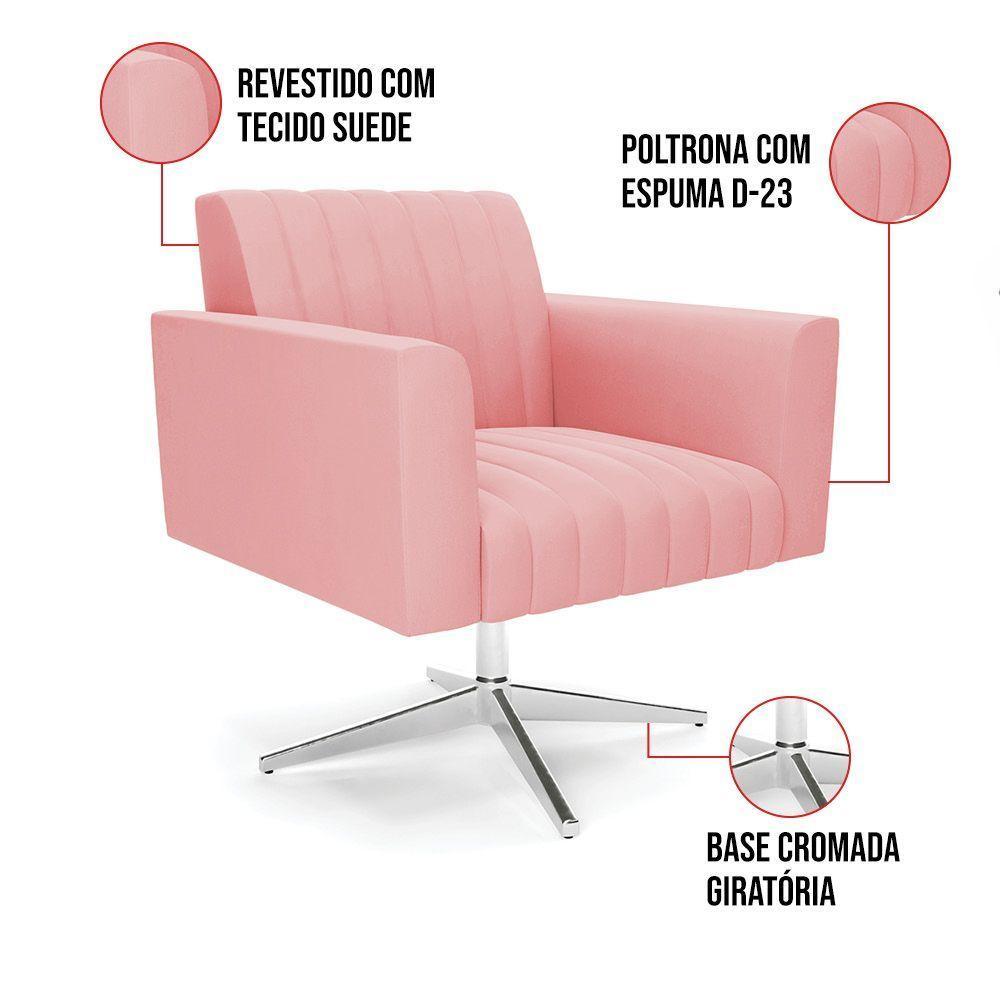 Poltrona Giratória Viena Gomada Suede Rosê Base Cromada - D'rossi - 3