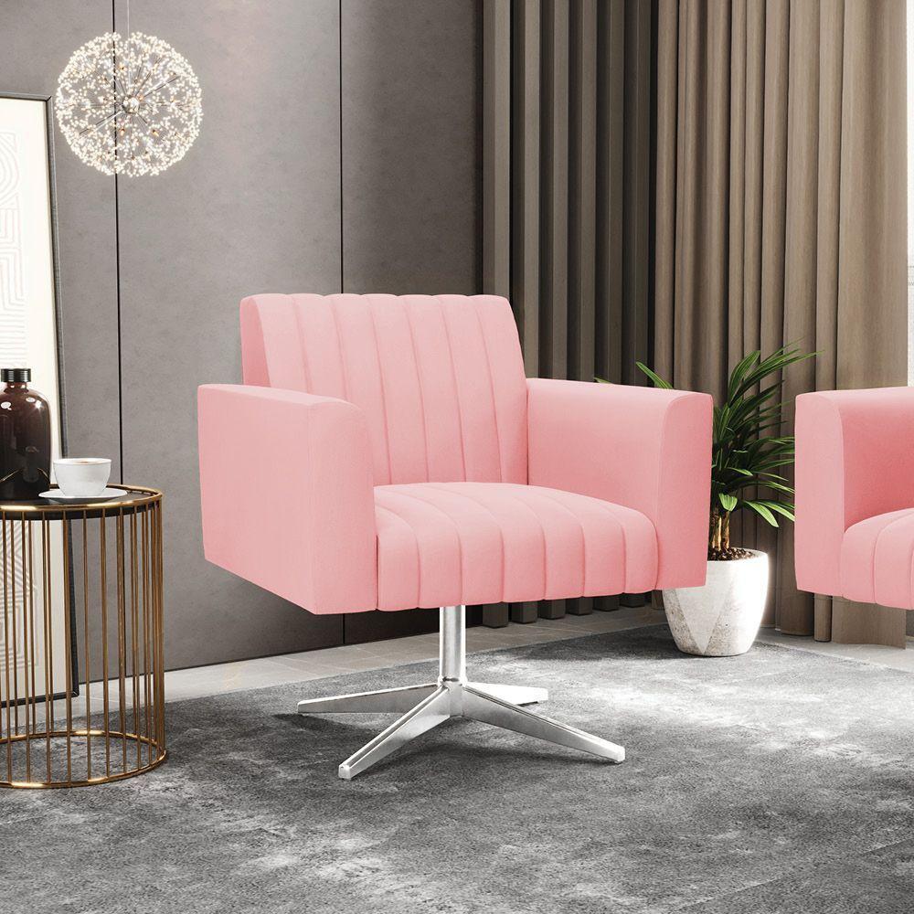 Poltrona Giratória Viena Gomada Suede Base Cromada - D'rossi Cor Rose - 7