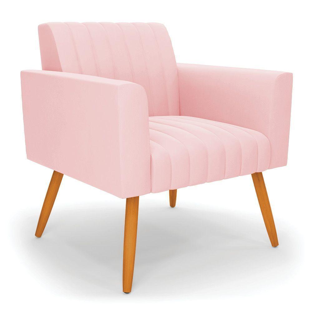 Poltrona Viena Gomada Suede Rosa Bebê Pés Palito Castanho - D'rossi - 1