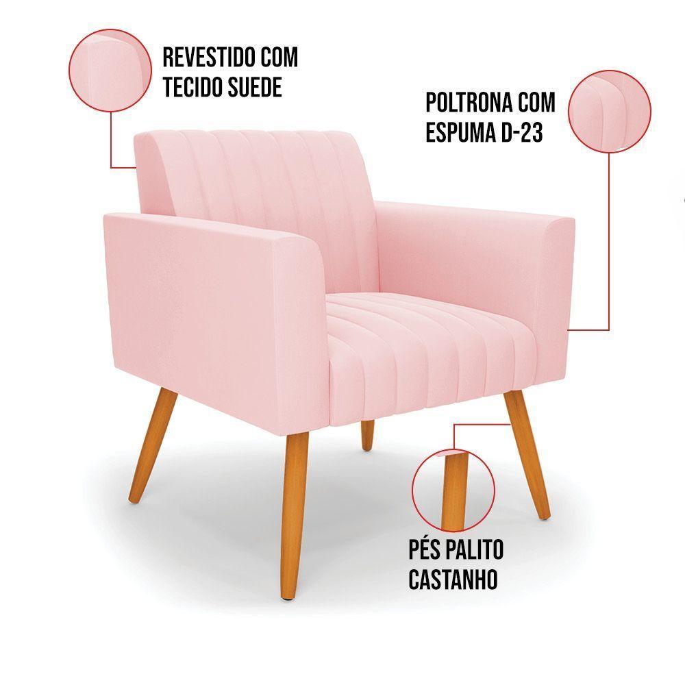 Poltrona Viena Gomada Suede Rosa Bebê Pés Palito Castanho - D'rossi - 4