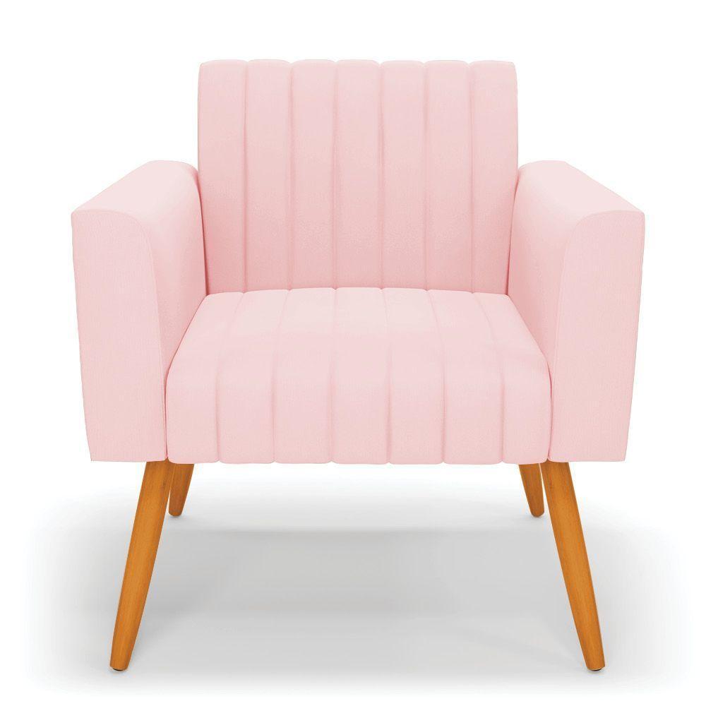 Poltrona Viena Gomada Suede Rosa Bebê Pés Palito Castanho - D'rossi - 7