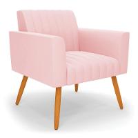 Poltrona Viena Gomada Suede Rosa Bebê Pés Palito Castanho - D'rossi - 1