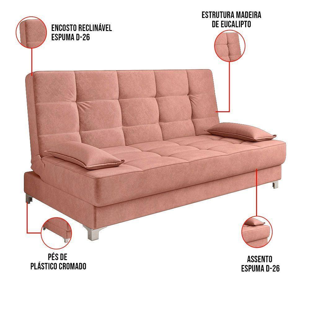 Sofá Cama Equador 193 Cm Veludo Pés Plástico Cromado Rose - 3