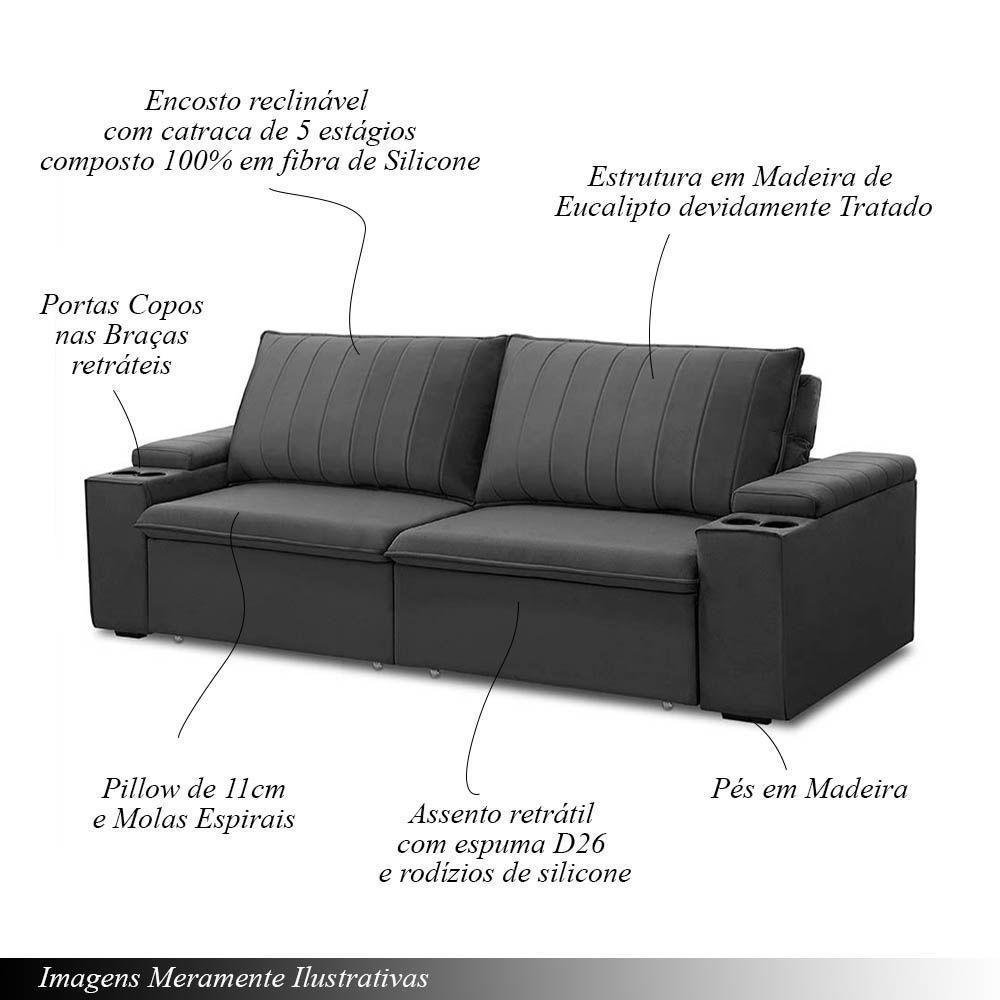 Sofá Retrátil E Reclinável 4 Lugares 245cm Kent Porta Copos No Braço Veludo Grafite G22 - Gran Belo - 3