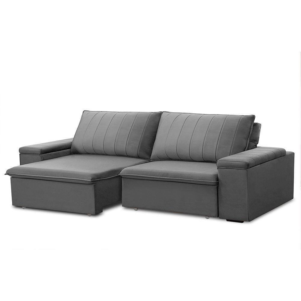 Sofá Retrátil E Reclinável 4 Lugares 245cm Kent Porta Copos No Braço Veludo Cinza G22 - Gran Belo - 5