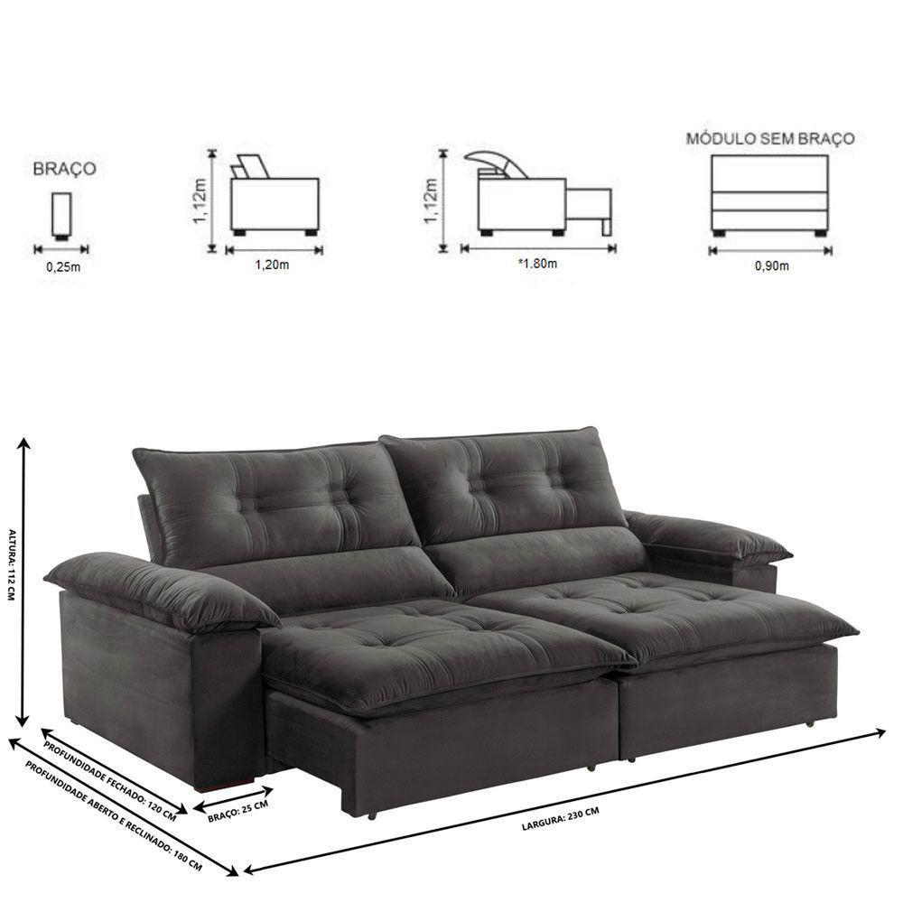 Sofá Retrátil E Reclinável Atenas 2,30m 4 Lugares Cinza - 7
