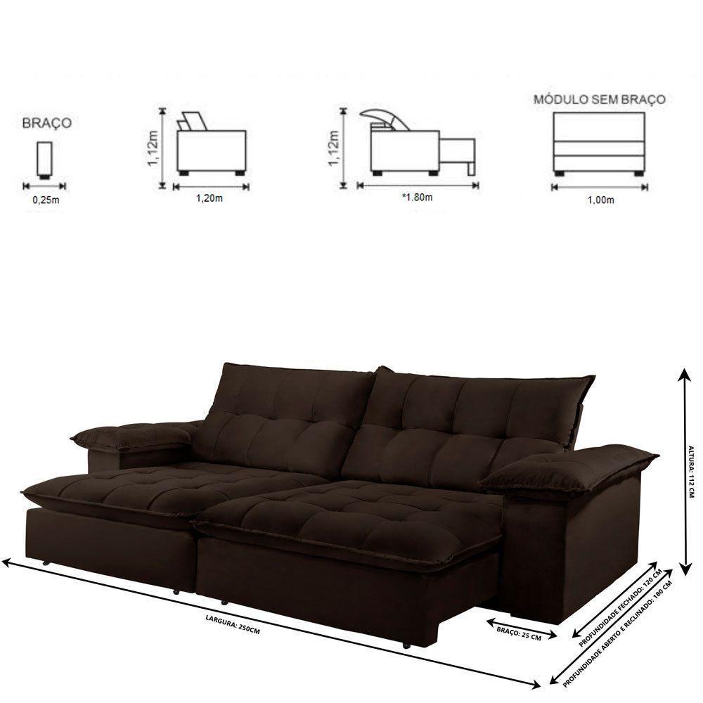 Sofá Retrátil E Reclinável Atlanta 2,50m 4 Lugares Marrom - 7