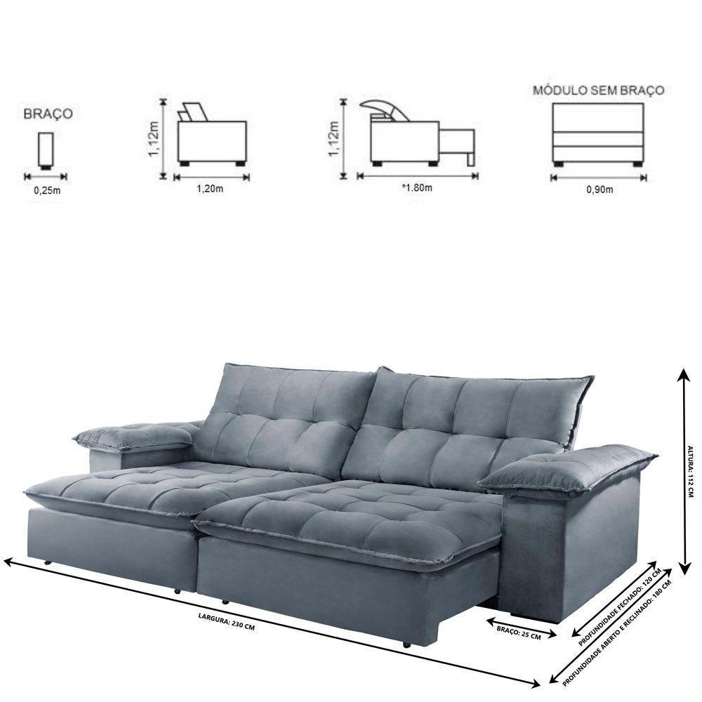 Sofá Retrátil E Reclinável Atlanta 2,30m 04 Lugares Prata - 7