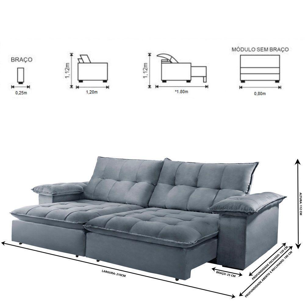 Sofá Retrátil E Reclinável Atlanta 2,10m 03 Lugares Prata - 7