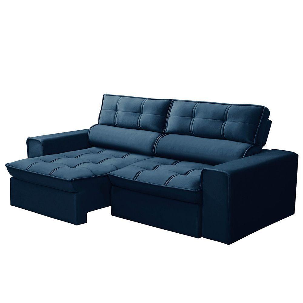 Sofá Retrátil Reclinável 3 Lugares 200cm Blanches F05 Veludo Azul - Mpozenato - 1